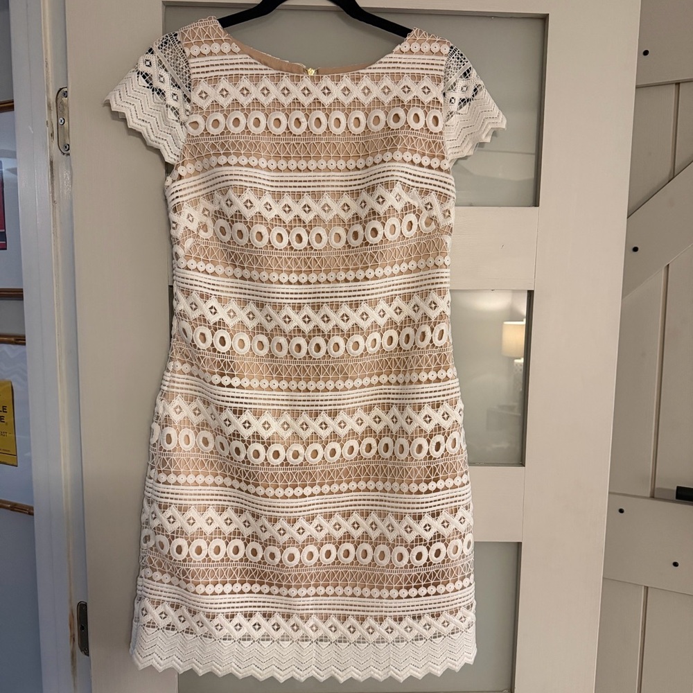 Elegant White and Tan Lace Dress Size 2